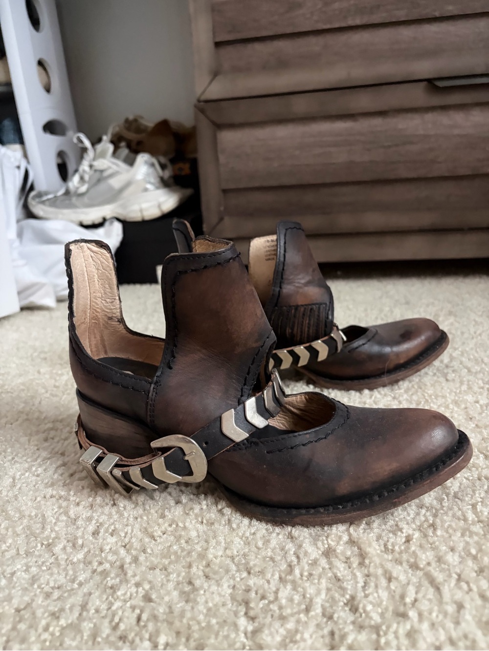 freebird Distressed Brown Leather Cutout Heeled Ankle Boots